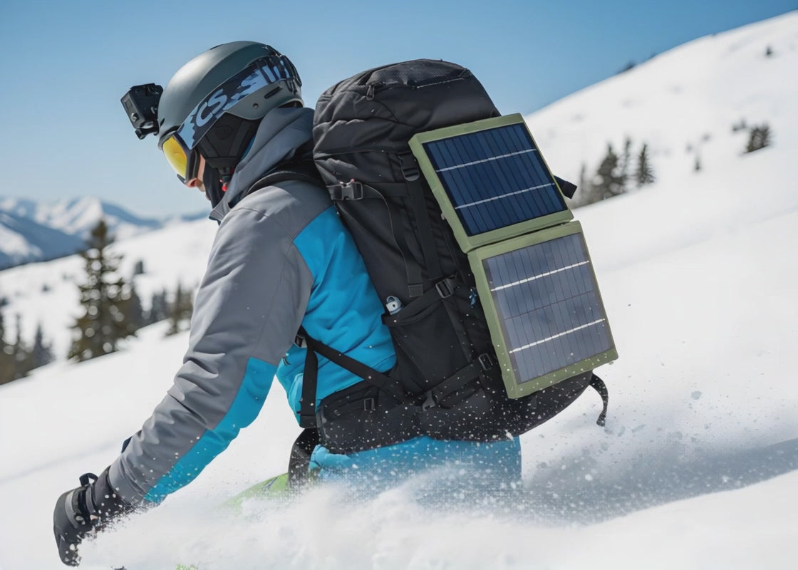 Carica il video: sciatore che utilizza i Sunlikers, pannelli solari portatili modulari per alimentare la action cam